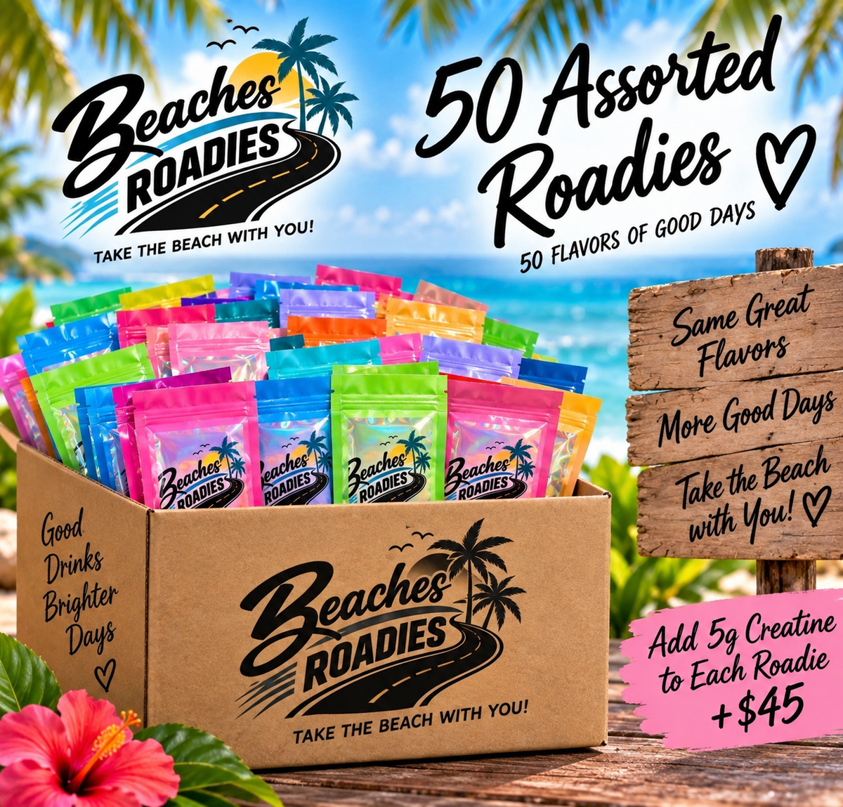 50 Assorted Beaches Roadies bundle with optional 5g creatine per Roadie
